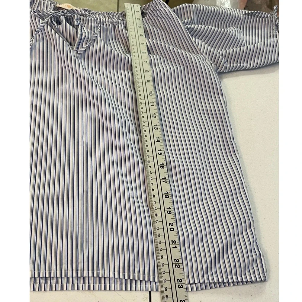 Tory Burch Striped Peasant Blouse XS Blue White Womens Puff Sleeve Tie Excellent